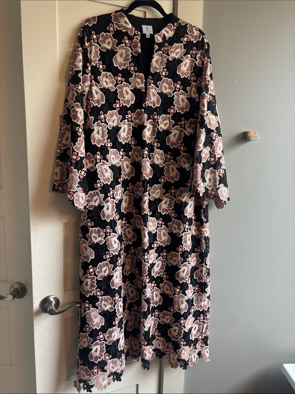 J. Marie XL black pink floral embroidered lace maxi dress long sleeve Talia